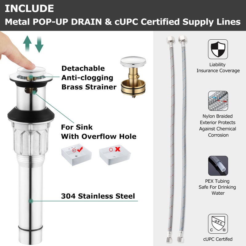 PARLOS Waterfall Widespread Bathroom Faucet Two Handles with Metal Pop Up Drain & cUPC Faucet Supply Lines, Doris (Brushed Nickel) - Image 3